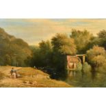 Early 19th Century English School. A River Landscape with a Watermill and Figures on a Path, Oil