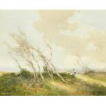 William Tatton Winter (1855-1928) British. Shepherdess and Flock in a Windswept Landscape,
