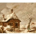 John Cranch of Bath (1751-1821) British. Loggers in a Snow Covered Winter Landscape, Oil on Panel,