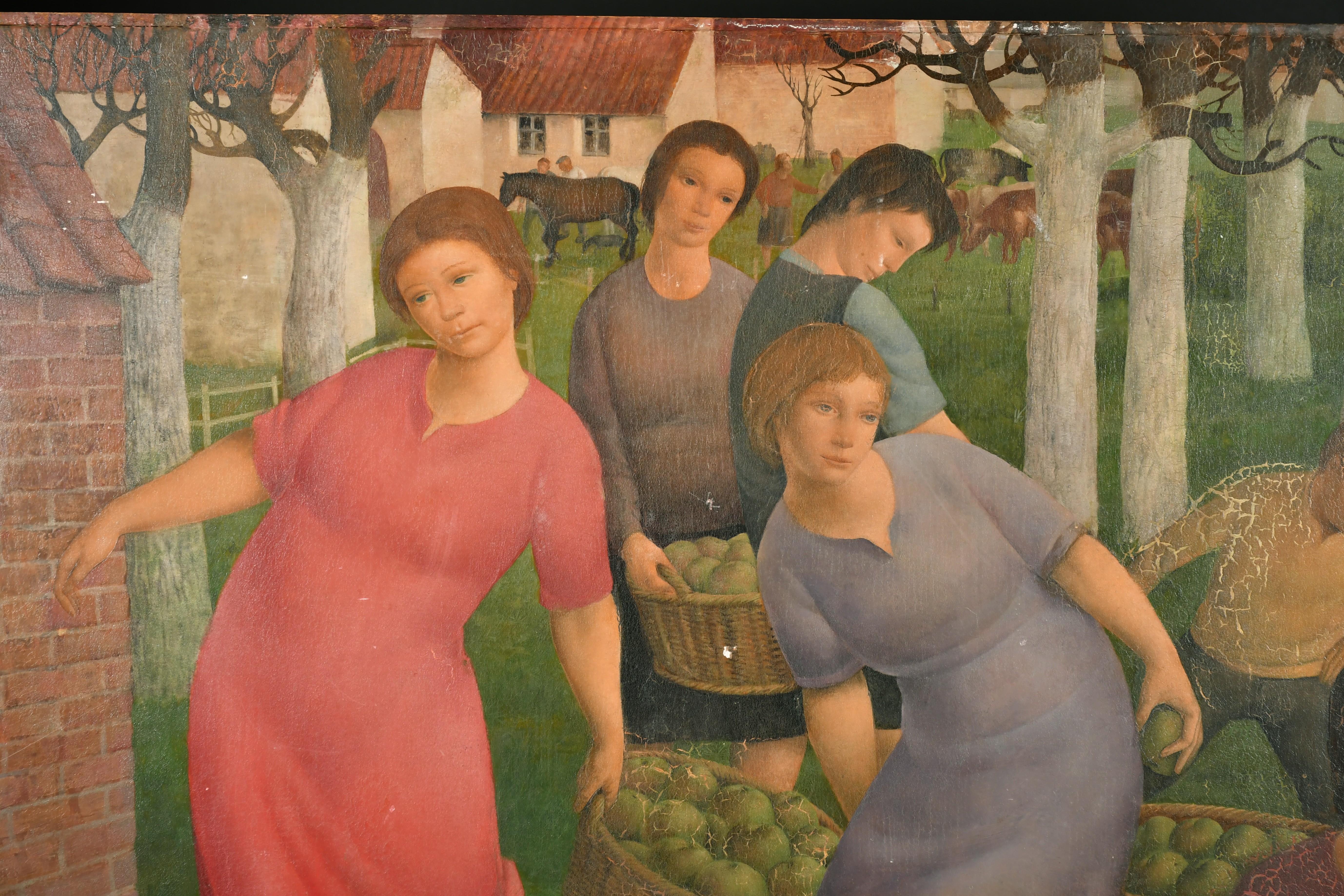 Gustaaf de Bruyne (1914-1981) Belgian. The Apple Pickers, Oil on Panel, Signed, Unframed 20.5" x 32" - Image 4 of 5