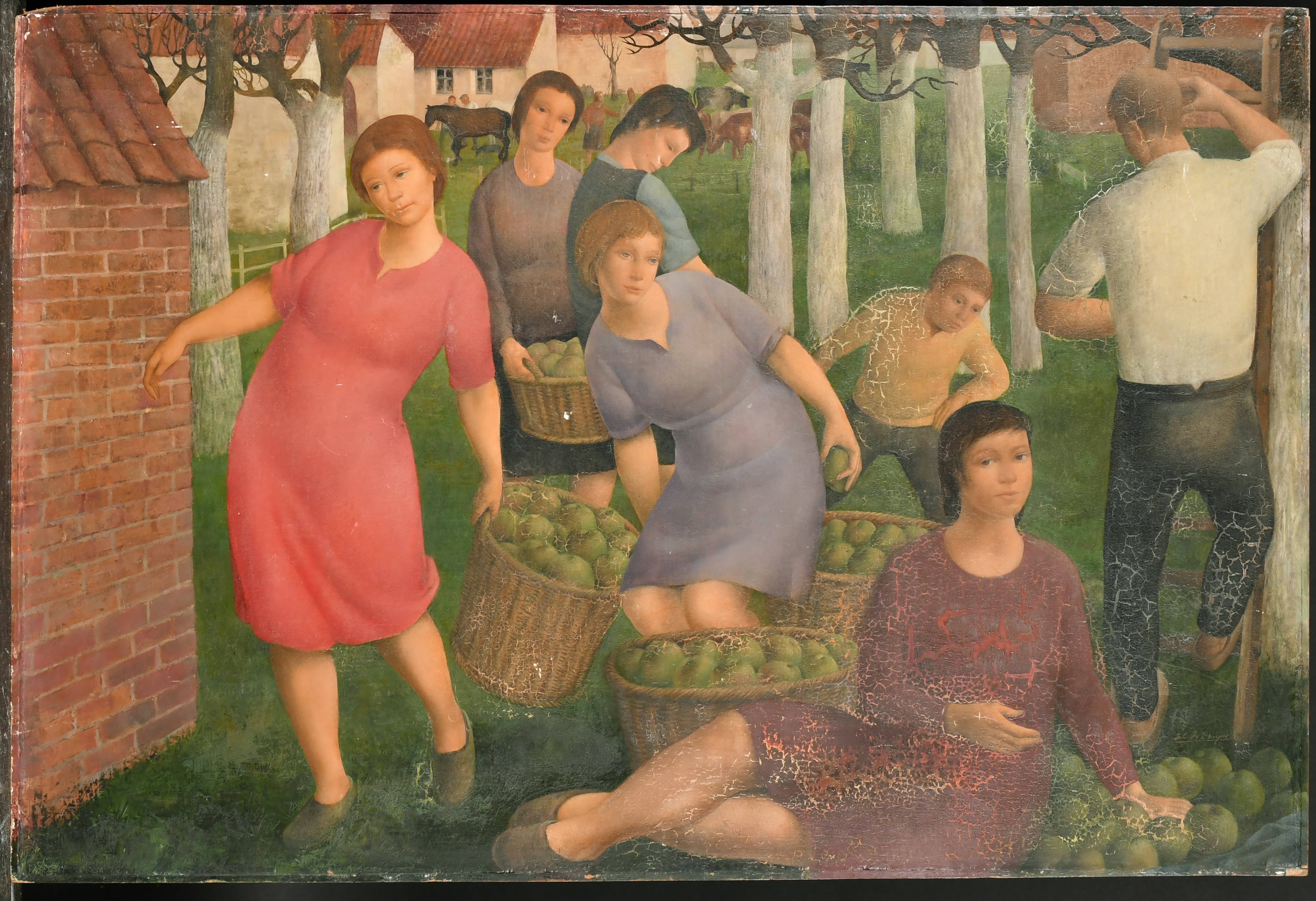 Gustaaf de Bruyne (1914-1981) Belgian. The Apple Pickers, Oil on Panel, Signed, Unframed 20.5" x 32" - Image 2 of 5