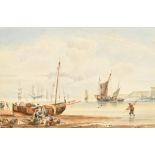 19th Century English School. A Busy Beach Scene with Figures, Watercolour, Inscribed on labels