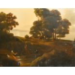 Late 18th Century English School. Figures in a River Landscape, Oil on Canvas, Unframed 31.75" x