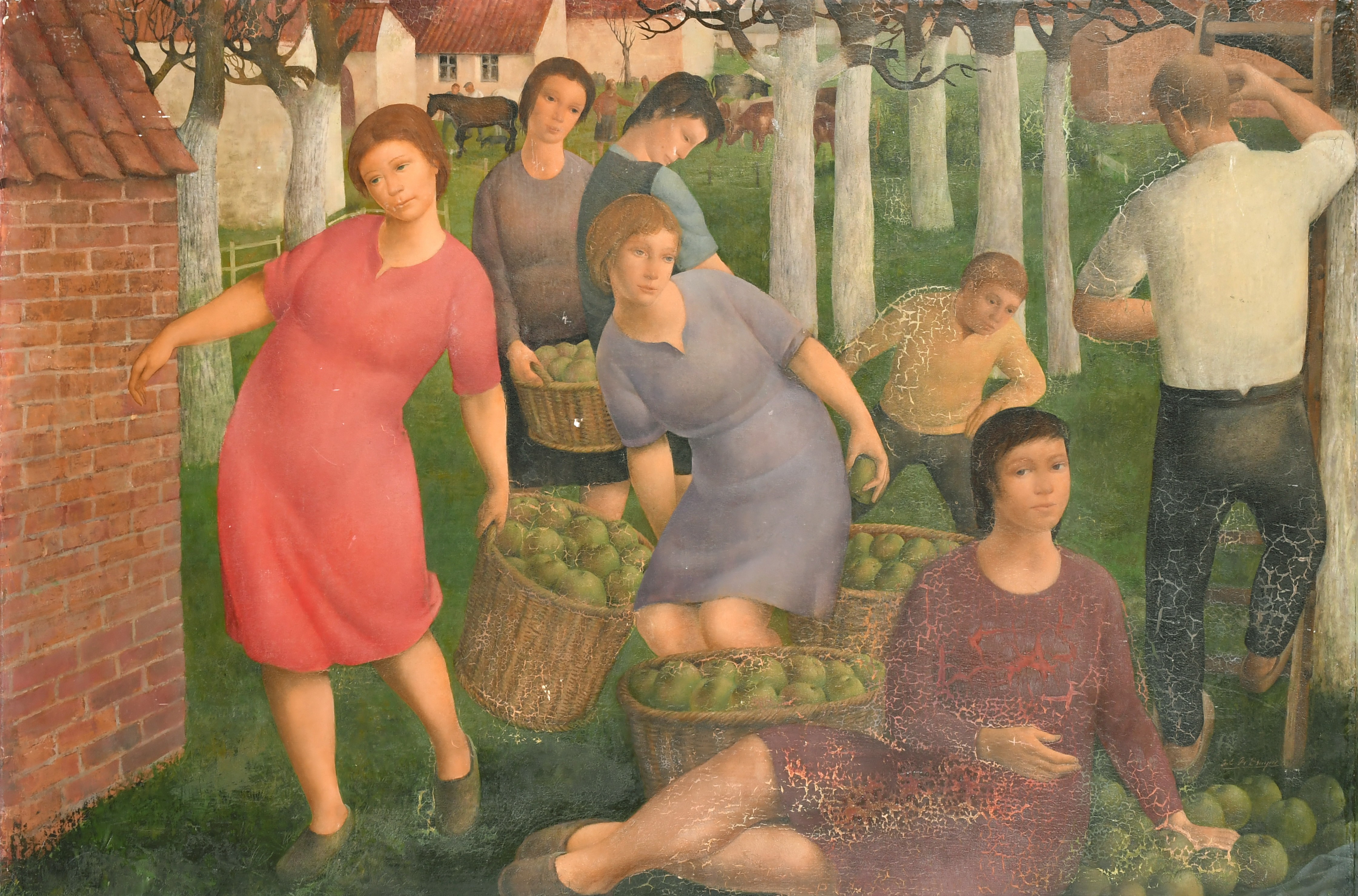 Gustaaf de Bruyne (1914-1981) Belgian. The Apple Pickers, Oil on Panel, Signed, Unframed 20.5" x 32"