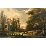 Late 18th Century English School. Swans on a Lake with Figures on a Path and a Church beyond, Oil on
