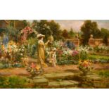 Jacob Brooks (1877- ) British. A Mother and Child in the Flower Garden, Oil on board, Signed, 8.5" x