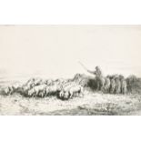After Charles Jacque (1813-1894) French. Shepherd and his Flock, Etching, 6.6" x 9.5" (16.2 x 24.
