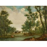 Manner of Dirk Van Looten (c.1620-1701) Dutch. A River Landscape with a Washerwoman and Cattle in