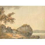 Paul Sandby (1725-1809) British. Young Men on a Rocky Outcrop, Watercolour, 7.5" x 10.5" (19 x 26.