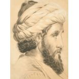 Cecilio Pizarro (1826-1886) Spanish. Portrait of a Turbaned Man in Profile, Chalk, Signed, 12.5" x