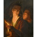 After Godfried Schalken (1643-1706) Dutch. Figures by Candlelight, Oil on Metal, Indistinctly