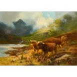 Daniel Sherrin (1868-1940) British. Cattle in a Highland Landscape, Oil on canvas, Signed, 20" x 30"