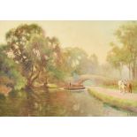 W Forbes (19th Century) British. A Horse on a Towpath Towing a Barge, Watercolour, Signed, 13.25"