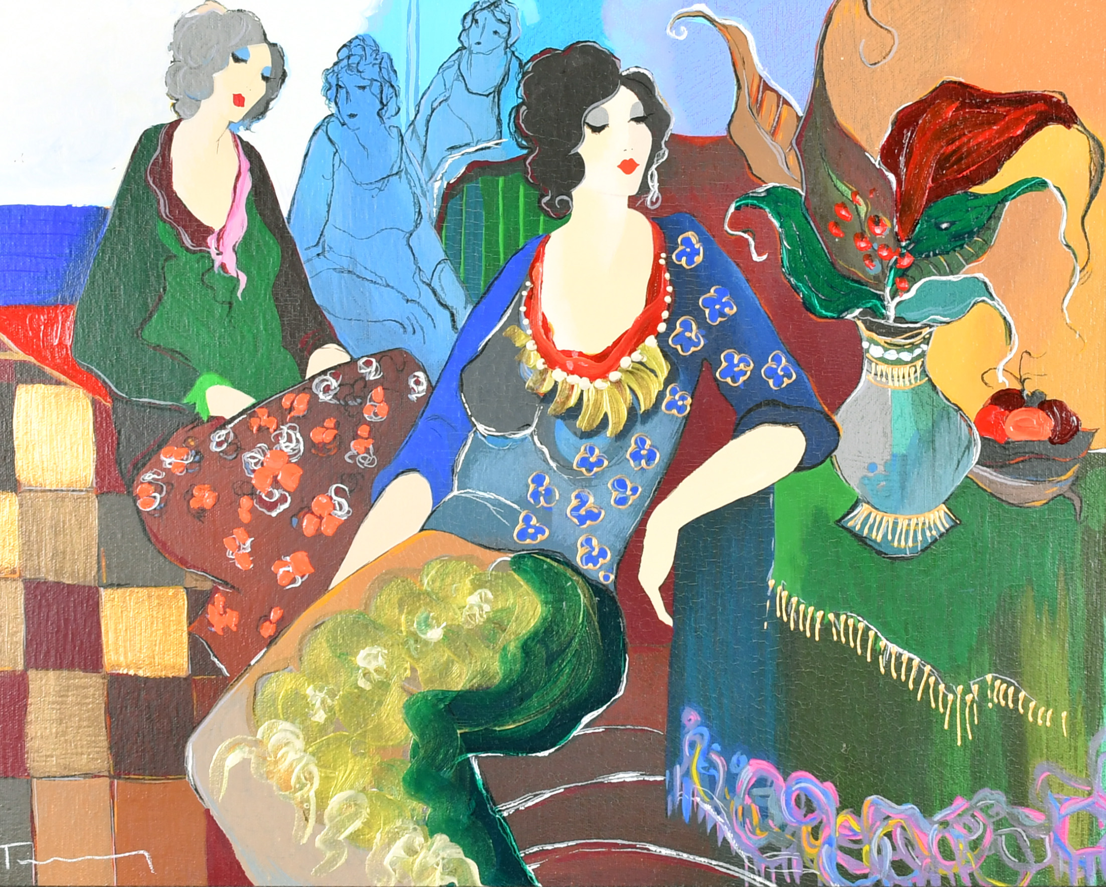 Itzchak Tarkay (1935-2012) Israeli. "Laura & Terri", Serigraph in Colour on Canvas, Inscribed on a