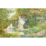 Fanny Fildes (1851-1927) British. A Mother and Children in a Cottage Garden, Watercolour and