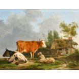 Jean Francois Legillon (1739-1797) Flemish. Cattle and Sheep with Figures by a Barn beyond, Oil on