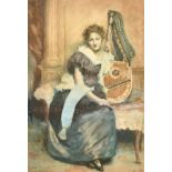 John Ernest Breun (1862-1921) British. A Young Girl with a Harp, Watercolour, Signed, 14" x 9.75" (