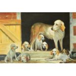 20th Century European School. Dogs in a Kennel, Oil on board, Indistinctly signed, 20" x 28" (50.8 x