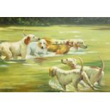 20th Century European School. Hunting Hounds in the Water, Oil on board, Indistinctly signed, 20"