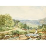 David Bates (1840-1921) British. A Figures in a Mountainous River Landscape, Watercolour, Signed,