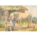 Alfred William Strutt (1856-1924) New Zealander. A Young Girl with a Pony and Dog, Watercolour,