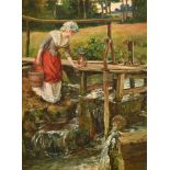 Talbot Hughes (1869-1942) British. "At the Stream", a Young Girl collecting Water, Oil on board,