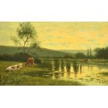 William Frederick Hulk (1852-c.1906) British. Cattle in a River Landscape, Oil on panel, Signed,