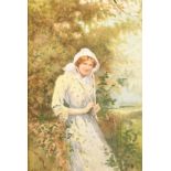 Joshua Fisher (1859-1930) British. "A Young Girl by a Fence", Watercolour, Signed, 12" x 8" (30.5