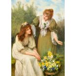 William Oliver (1823-1901) British. "Confidences", a Study of Two Girls with Flowers, Oil on canvas,