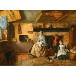 William Hemsley (1819-1893) British. A Family Watching a Kitten Play, Oil on Panel, Signed, 12" x