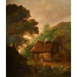 19th Century English School. Figures with a Horse and Cart by a Cottage, Oil on canvas, 30" x 25" (