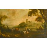 Manner of Willem de Heusch (c.1625-c1692) Dutch. Figures and Cattle in a Classical Landscape, Oil on