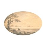 19th Century English School. Figures by an Estuary, Watercolour, Oval, Unframed 5" x 8" (12.7 x 20.