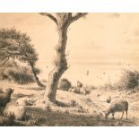Jean-Baptiste Millet (1831-1906) French. Sheep in a Coastal Landscape, Pencil and chalk, Signed,