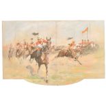 19th Century English School. Cavalry Charging in Battle, Watercolour and gouache, Shaped, 12.25" x