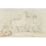 19th Century French School. A Man Leading a Horse, Ink and wash, 8" x 13" (20.2 x 33cm) and