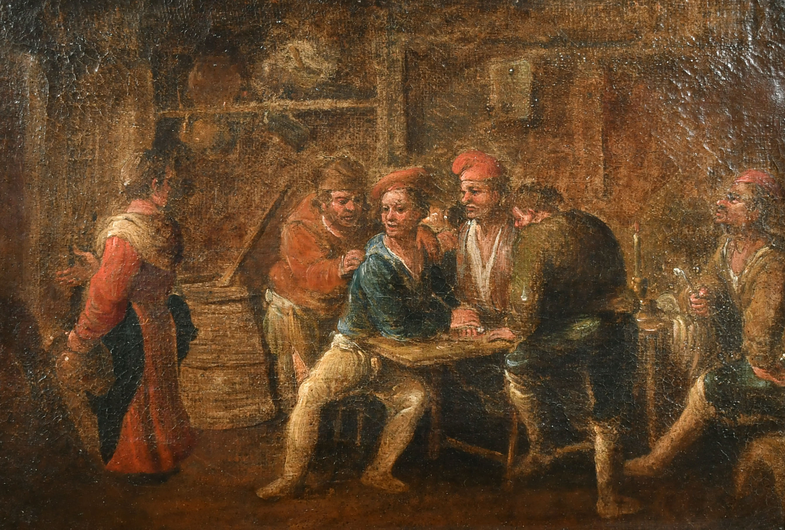 Late 18th Century Dutch School. Figures in a Tavern, Oil on canvas, in a carved giltwood frame, 11.