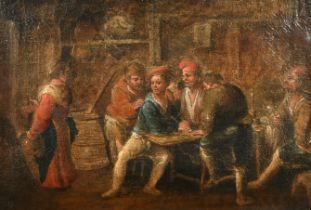 Late 18th Century Dutch School. Figures in a Tavern, Oil on canvas, in a carved giltwood frame, 11.