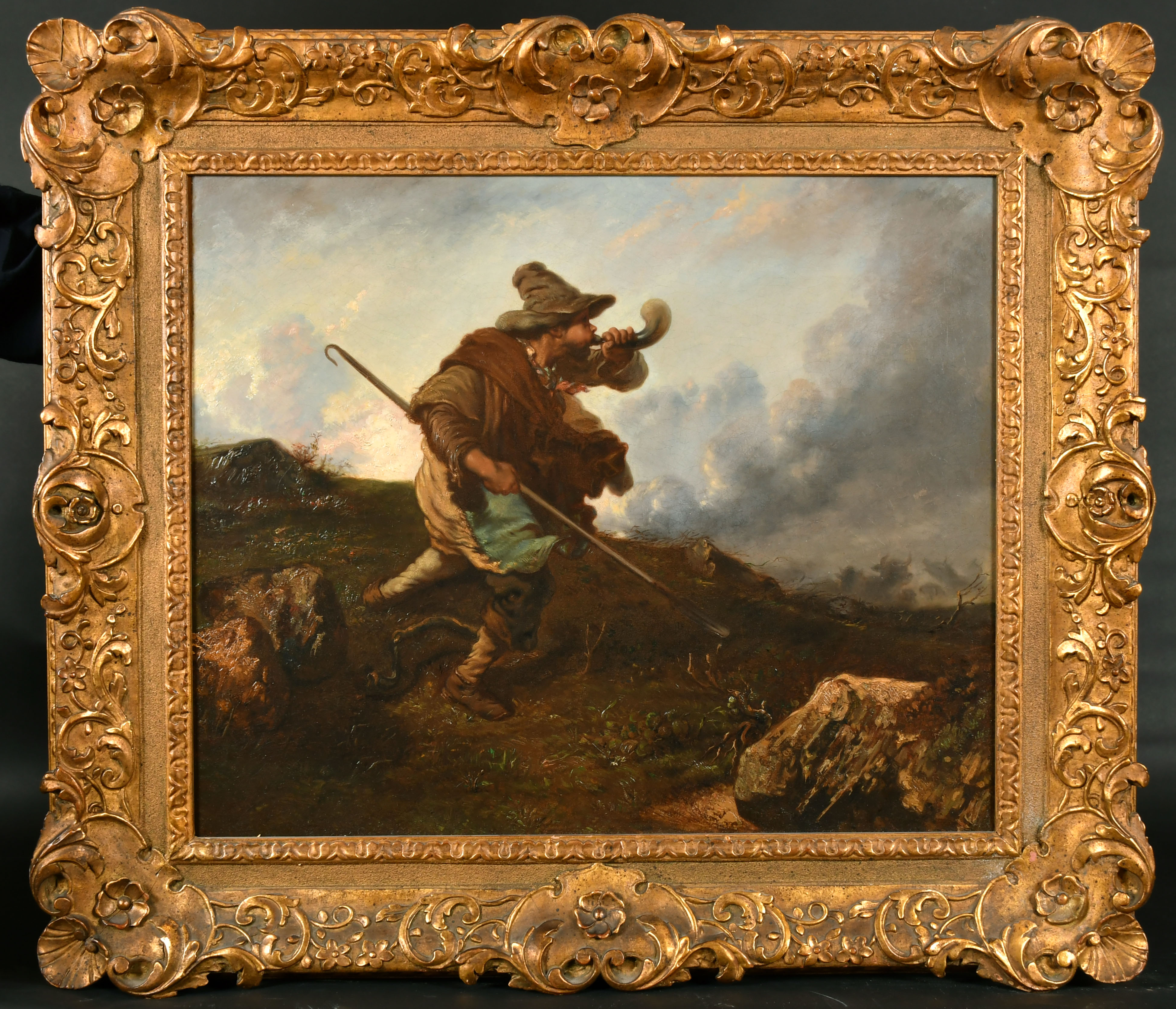 Circle of Gustave Courbet (1819-1877) French. Shepherd in a Storm blowing his Horn, Oil on canvas, - Image 2 of 4