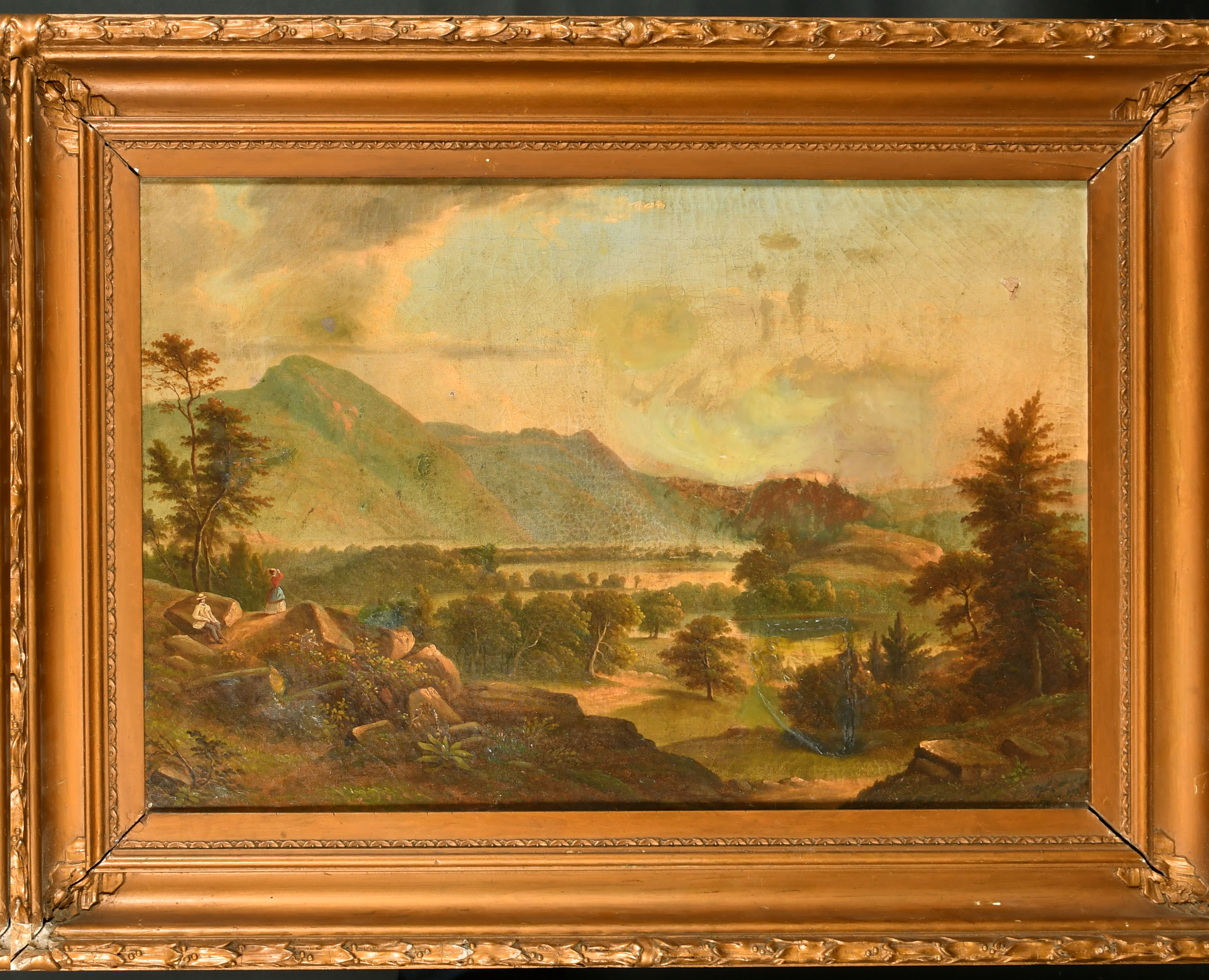 19th Century American School. Figures in a Mountainous Landscape, Oil on canvas, Inscribed on labels - Image 2 of 4