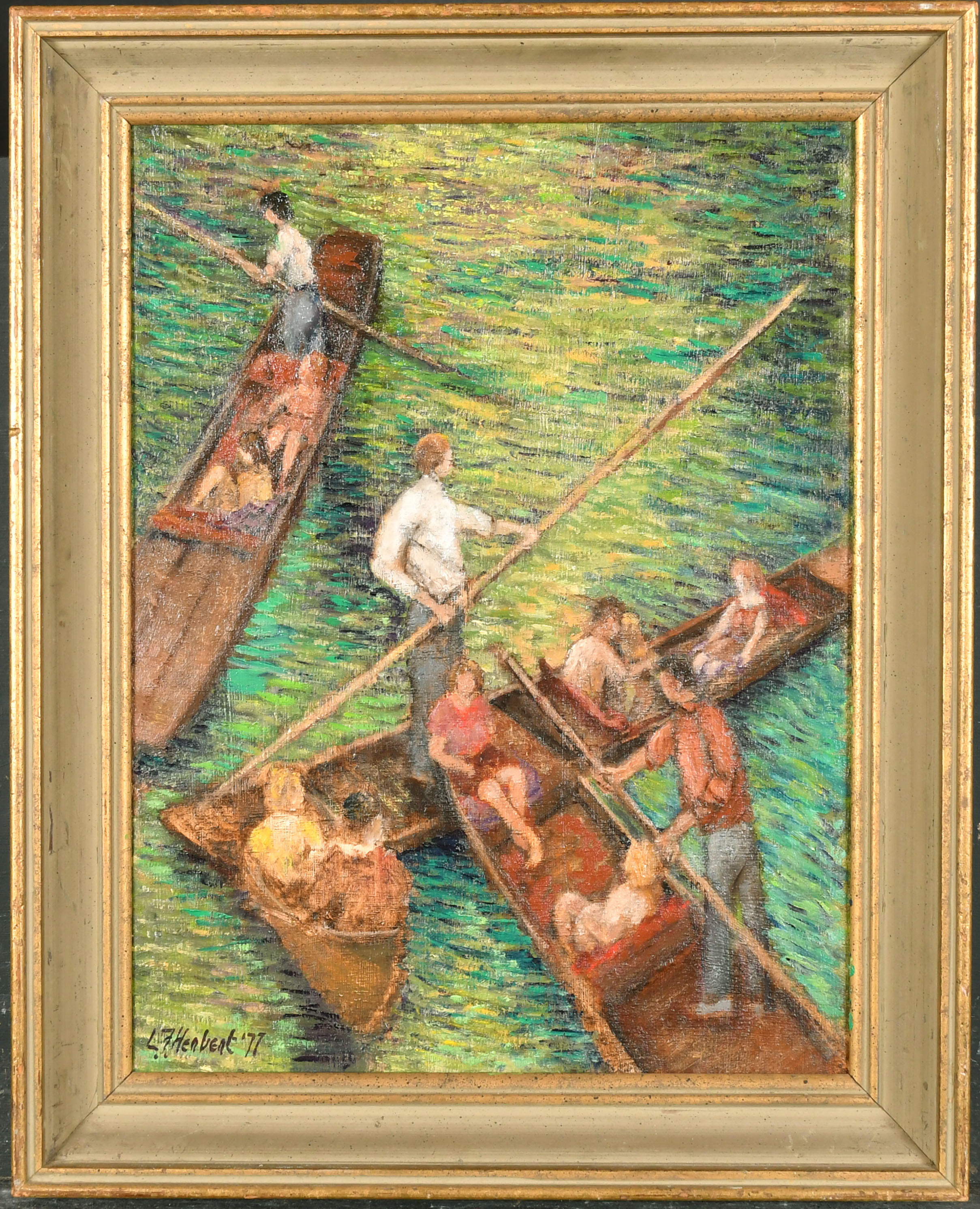 L F Herbert (20th-21st Century) British. Punting on The Thames, Oil on canvas laid down, Signed - Image 2 of 5