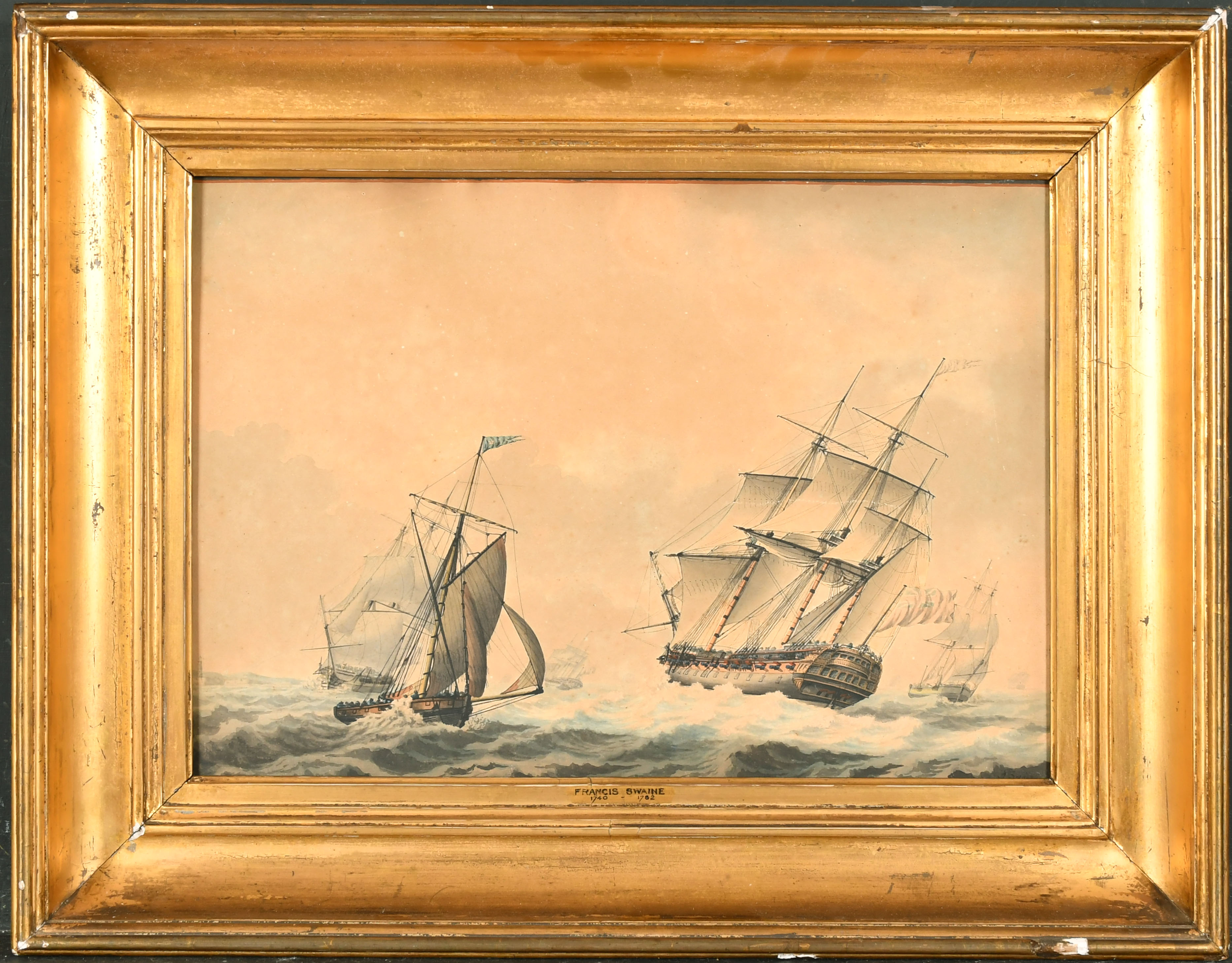 Francis Swaine (c.1720-1782) British. Shipping off the Rock of Gibraltar, Watercolour, Inscribed - Image 2 of 6