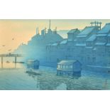 After Hasui Kawase (1883-1957) Japanese. "Morning at Dotonbori in Osaka", Woodcut in colours, with