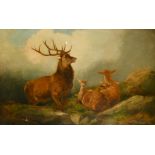 John W Morris (1865-1924) British. Stag and Hinds in a Highland Landscape, Oil on canvas,