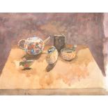 Christa Gaa (1937-1992) German/British. "Still Life with Colourful Teapot", Watercolour, Inscribed