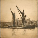 Mortimer Luddington Menpes (1855-1938) British. "Hay Barges on the River Thames", Etching, Signed in