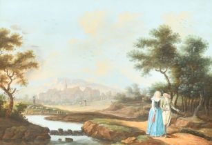 Late 18th Century German School. 'A Couple Strolling on the outskirts of a Village', Gouache and