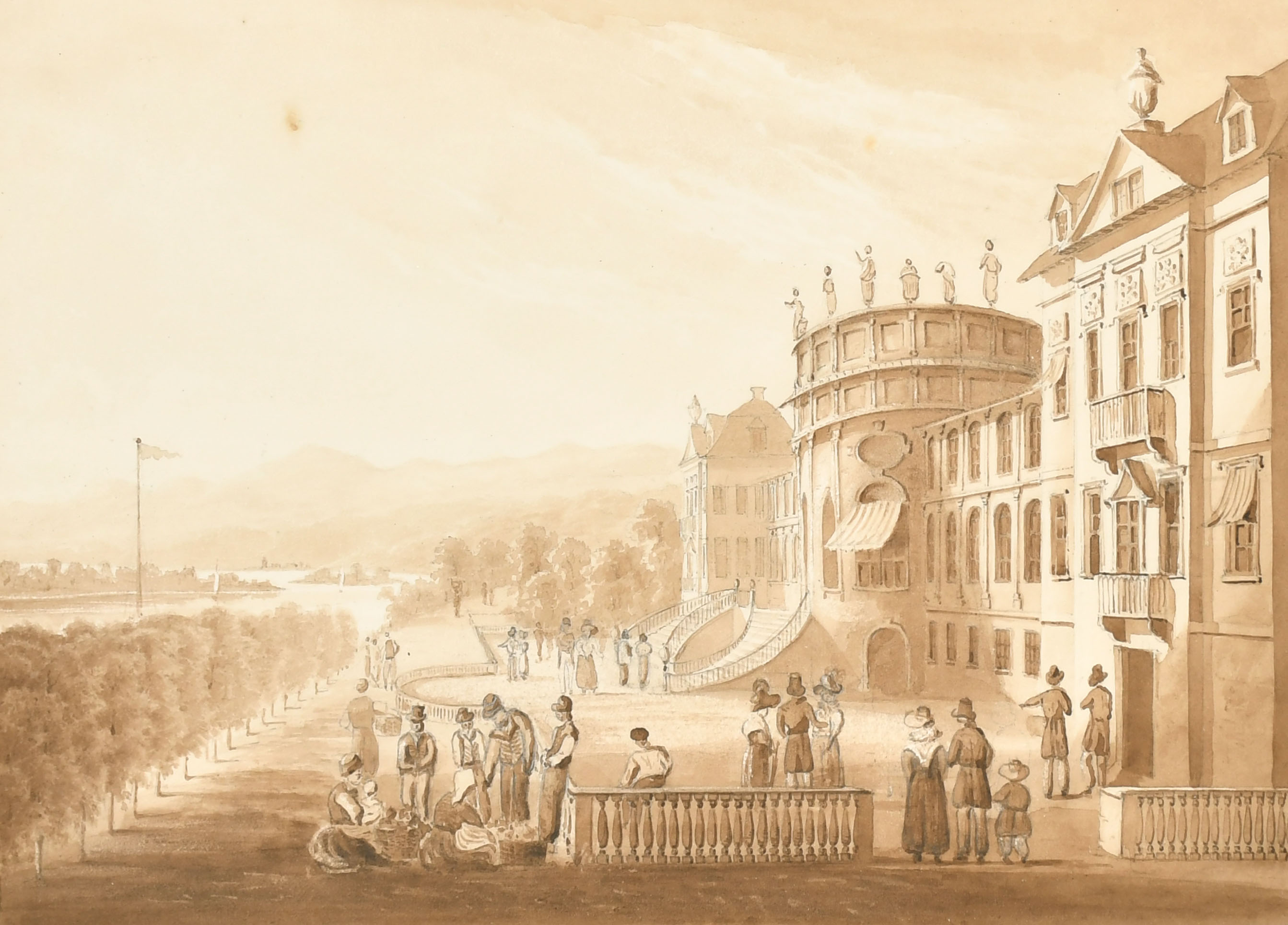 Early 19th Century English School. "The Palace of the Duke of Nassau at Biebrich", Ink and wash,