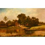 Circle of Robert Gallon (1845-1925) British. A River Landscape with a Figure in a Boat, Oil on