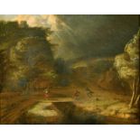 17th Century Dutch School. Figures in a Windswept Stormy Landscape, Oil on canvas, 11.75" x 14" (